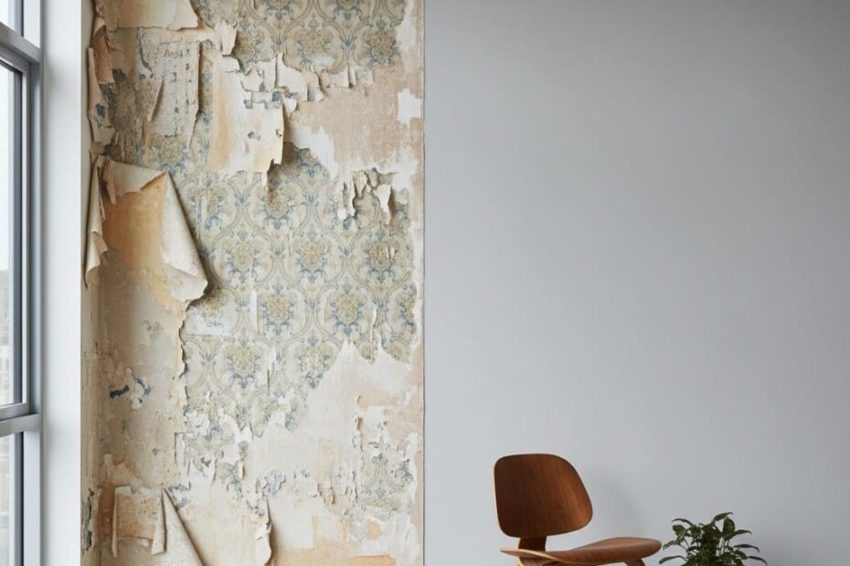 Ilustração sobre papel de parede soltando e a decisão entre remover ou pintar por cima.