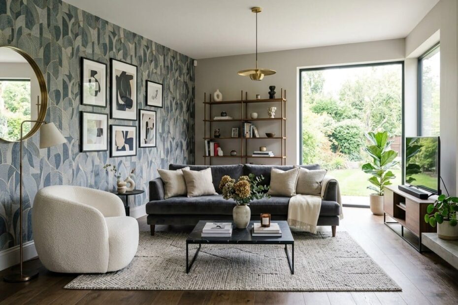 Modern living room with elegant geometric wallpaper, gray sofa, minimalist decor, natural lighting, and a view of the outdoor garden.